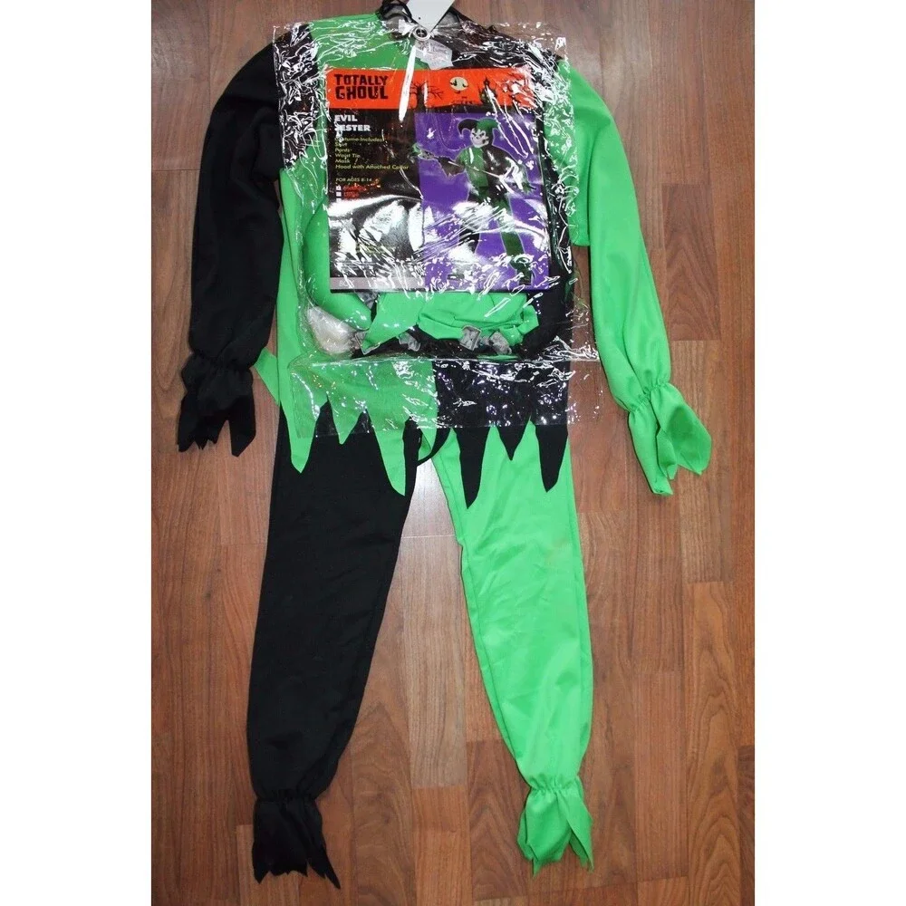 Boys LRG 10 12 Evil Jester Joker Halloween‎ Renaissance Costume Skeleton NEW